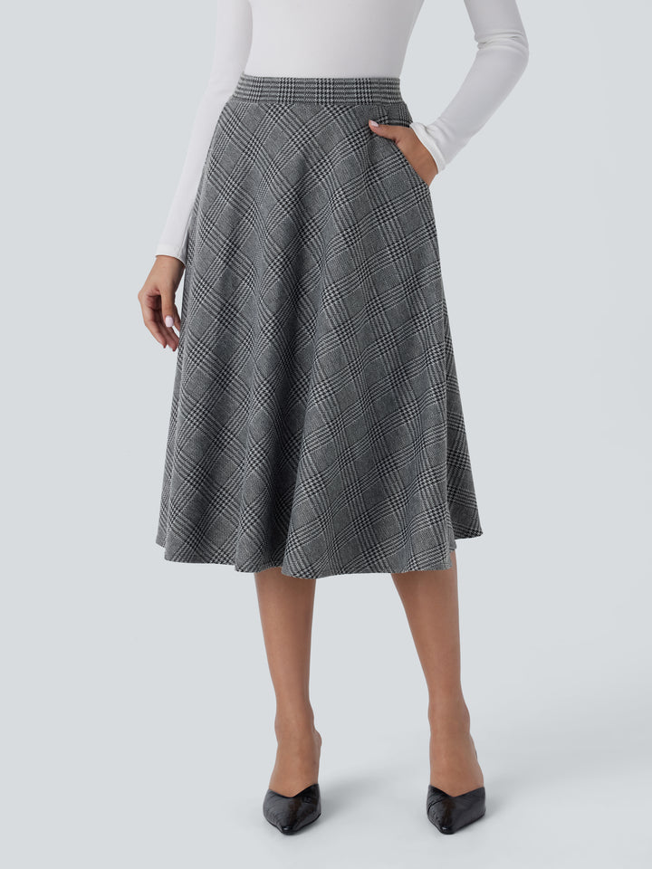 High Waisted Side Pocket Houndstooth Plaid Flare Midi Casual Skirt — Dark Gray Plaid — view 1