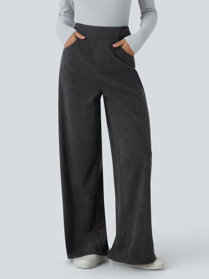 High Waisted Pockets Wide Leg Corduroy Work Trousers — Phantom — view 1