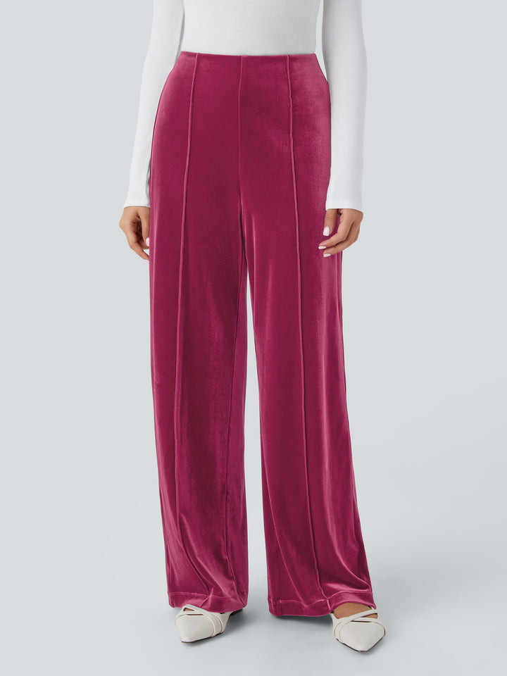 High Waisted Pocket Wide Leg Velvet Casual Trousers — Sangria — view 1