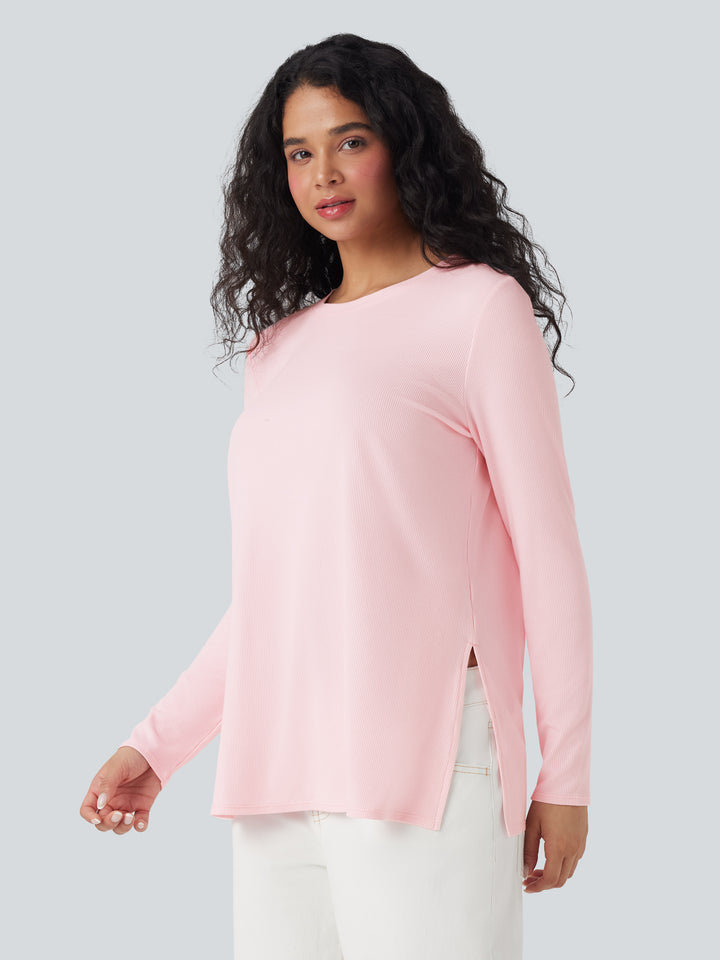 Ribbed Knit Long Sleeve Split Hem Casual T-Shirt — Rose Haze Pink — view 1