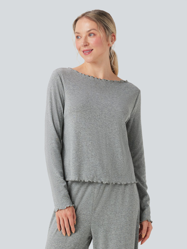 Ribbed Knit Pointelle Boat Neck Long Sleeve Lettuce Trim Lounge Top — Granite Mist — view 1