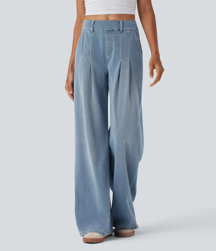 Mid Rise Wide Leg Casual Jeans with Pockets — Malibu Blue Denim — view 1