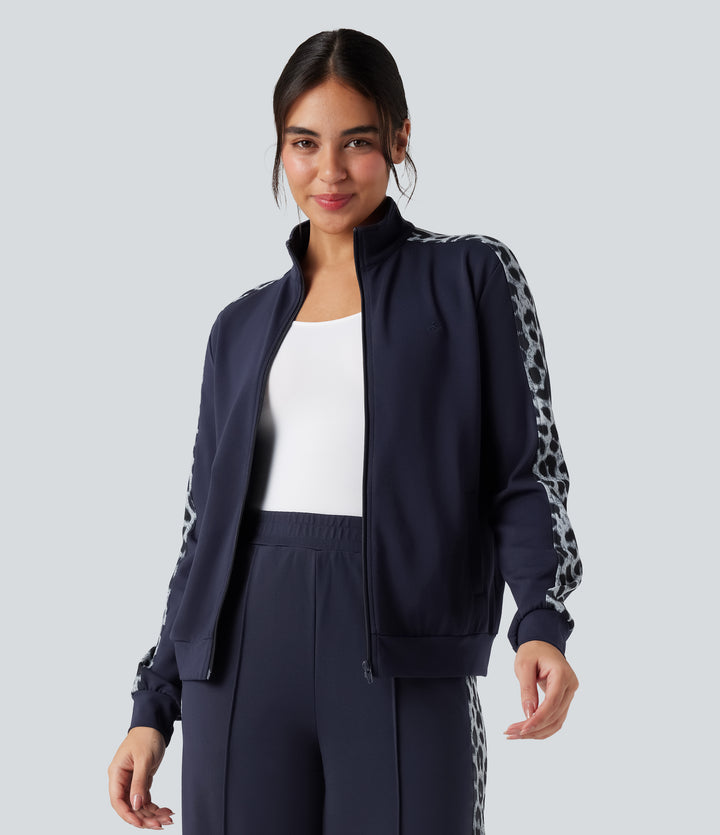 Stand Collar Contrast Leopard Casual Jacket with Pockets — Deep Dark Blue — view 1