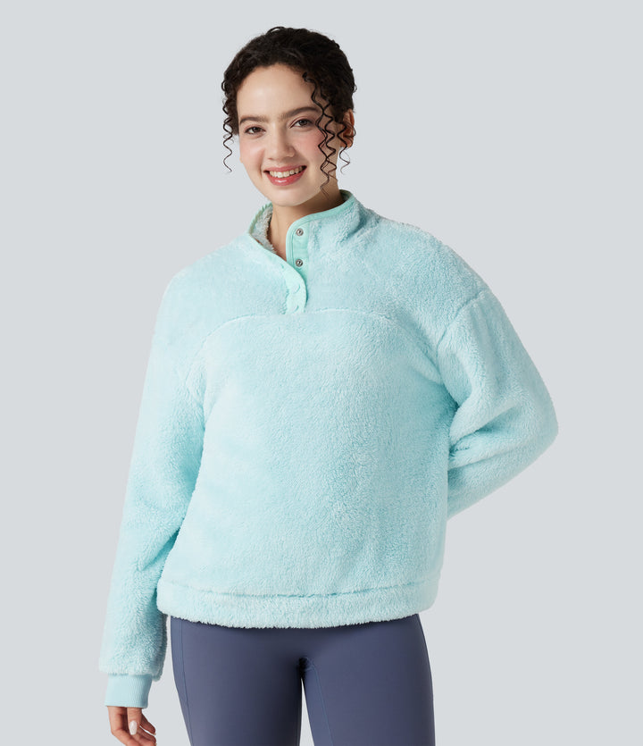 Stand Collar Button Casual Fleece Sweatshirt — Blue Glow — view 1