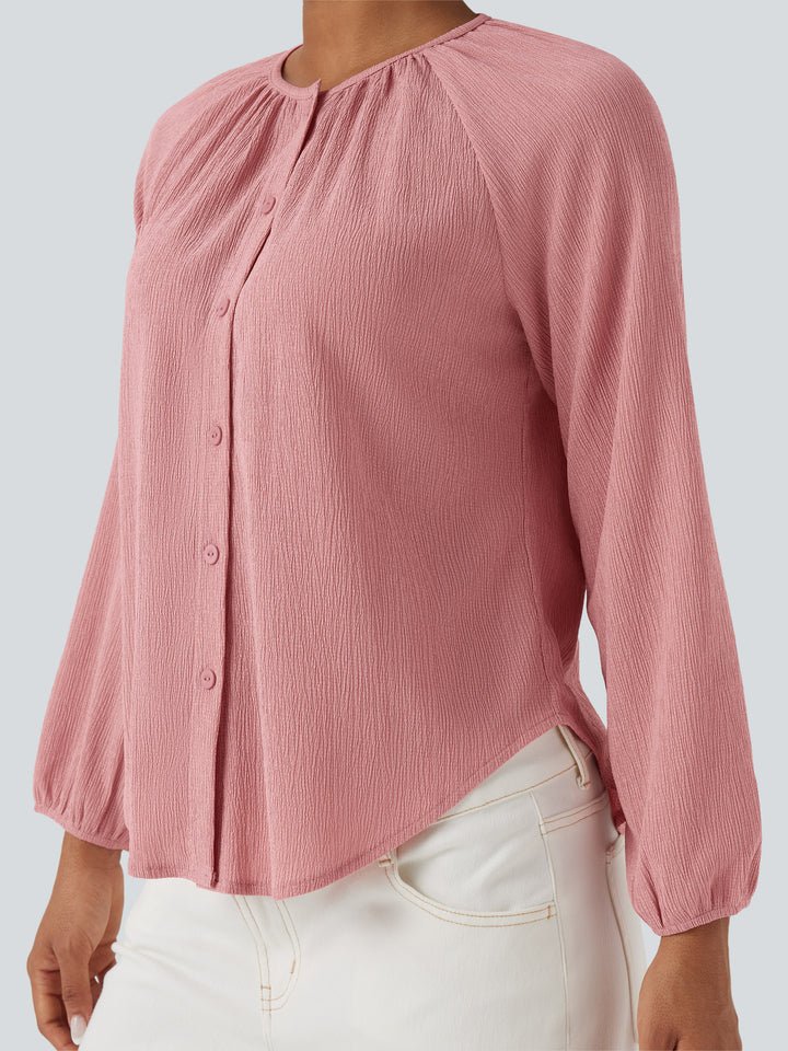 Round Neck Long Sleeve Curved Hem Textured Casual Blouse — Bridal Rose — view 1