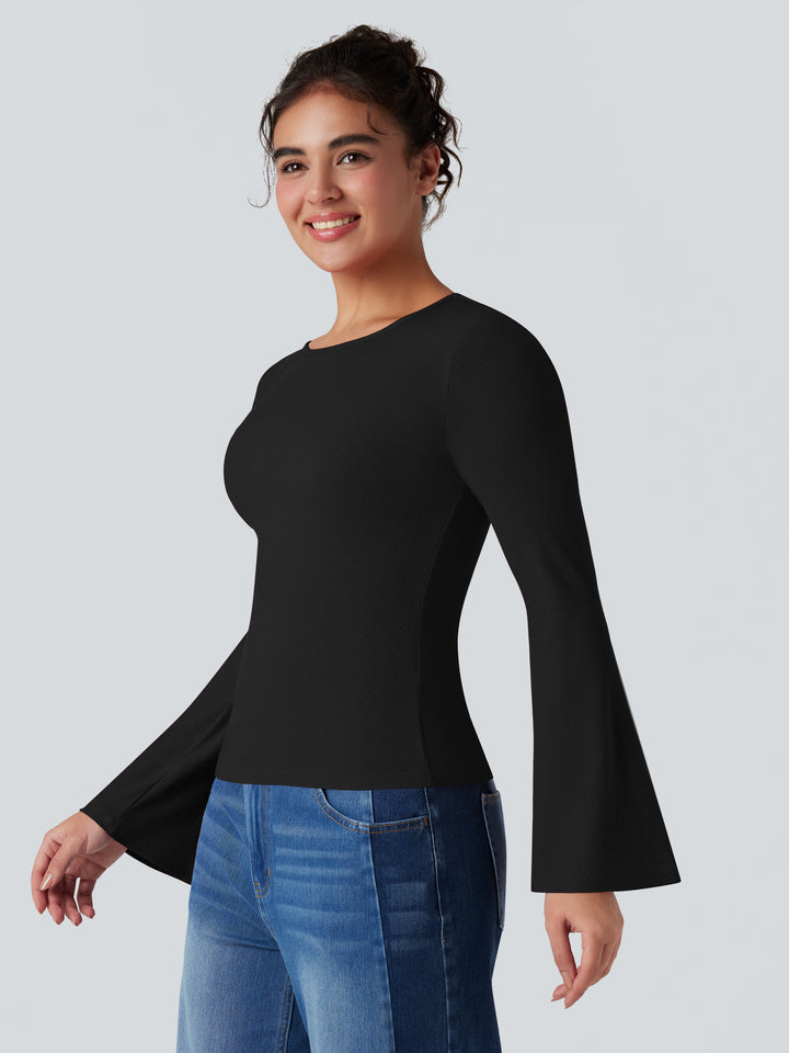Ribbed Knit Round Neck Flounce Long Sleeve Casual Top — Black — view 1