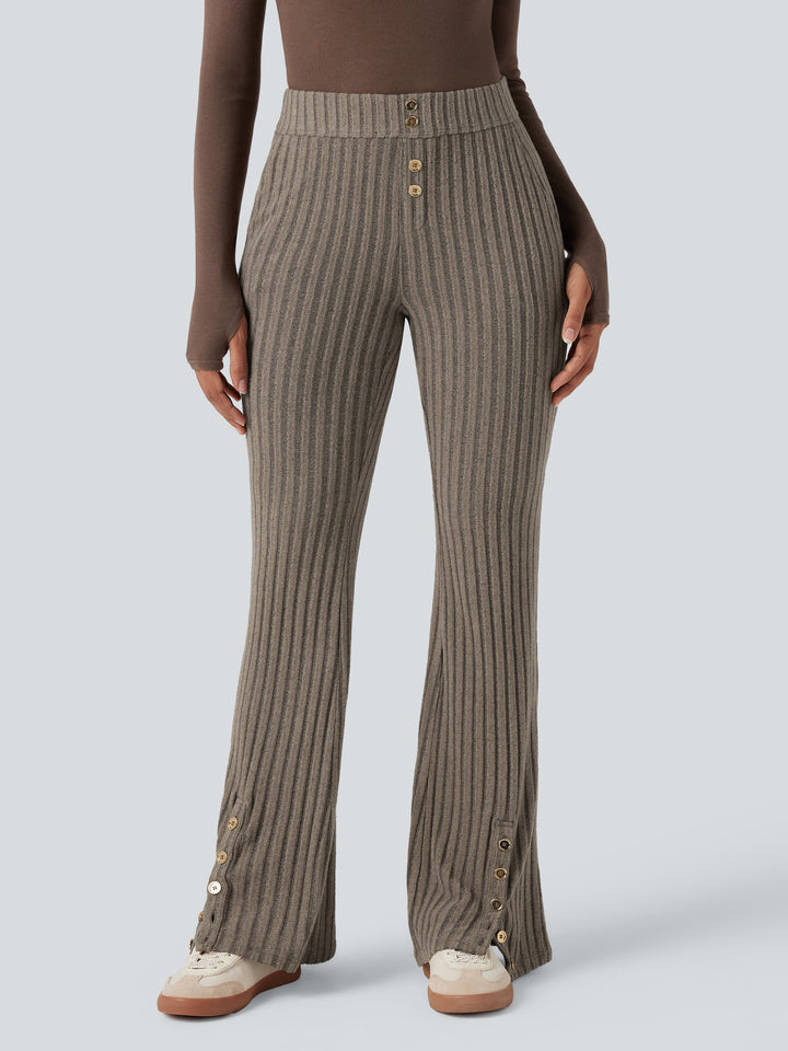 Ribbed Knit Mid Rise Button Split Hem Fleece Casual Flared Trousers with Pockets — Mottled Wood Brown — view 1