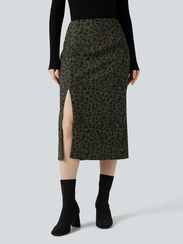 High Waisted Split Hem Midi Leopard Print Corduroy Casual Pencil Skirt — Olive Leopard — view 1