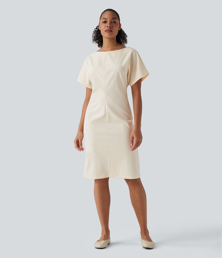 Boat Neck Short Sleeve Midi Work Linen-Blend Dress — Linen Glow — view 1
