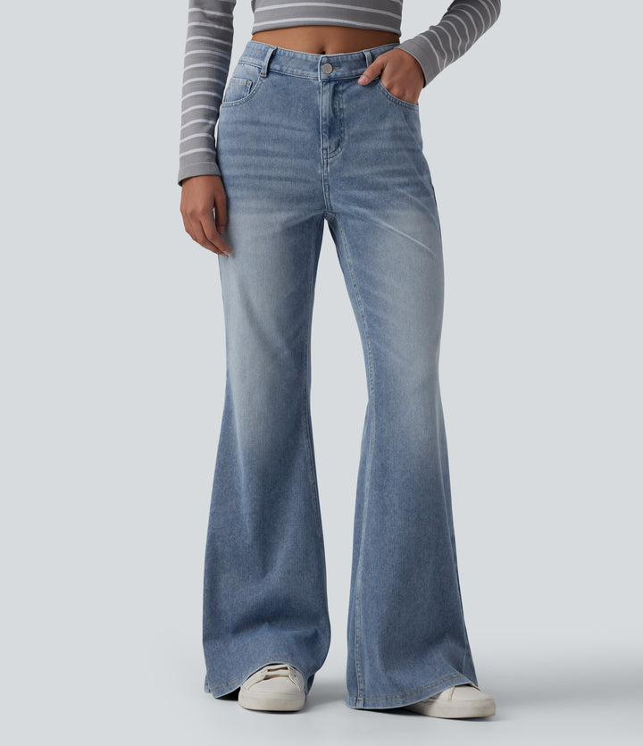 Mid Rise Washed Casual Flare Jeans with Pockets — Powder Blue Denim — view 1