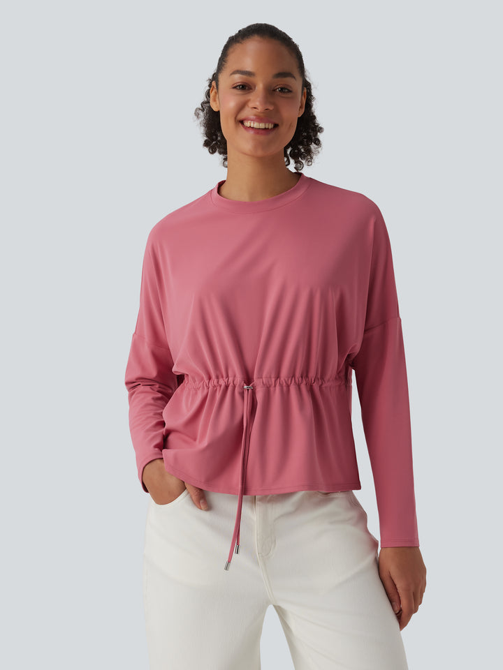 Round Neck Long Sleeve Drawstring Casual Top — Begonia Rouge — view 1