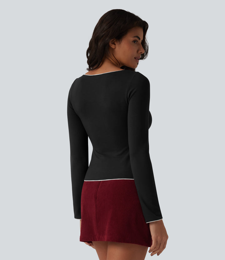 HeatCore V-neck Long Sleeve Contrast Tipping Casual Warming Top — Black — view 3