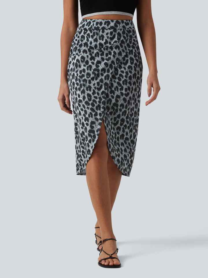 High Waisted Ruched Midi Leopard Print Waffle Casual Tulip Skirt — Frosted Panther — view 1