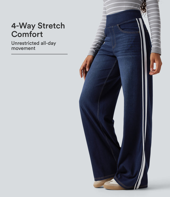 High Waisted Stripe Wide Leg Flowy Washed Casual Jeans with Pockets — Inkling Blue Denim — view 1