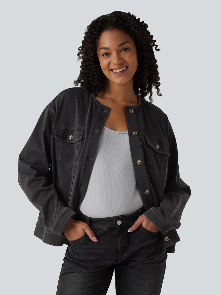 Round Neck Long Sleeve Denim Casual Jacket with Pockets — Phantom Denim — view 1
