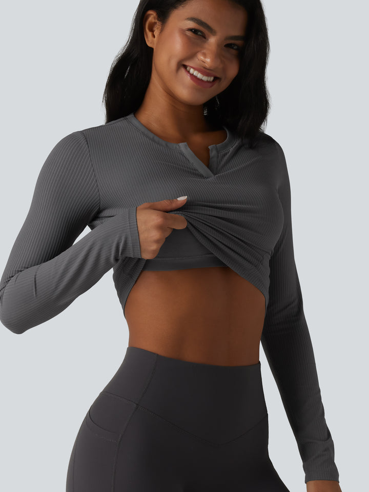 Ribbed Knit Notch Long Sleeve Non-Removable Pad Slim Casual Top — Volcanic Ash — view 1
