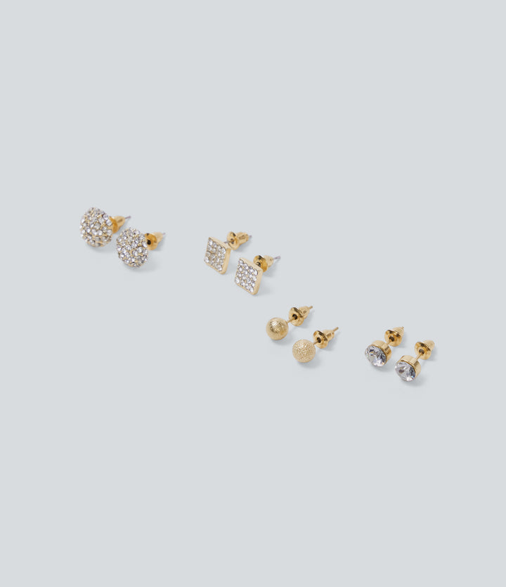Rhinestone-Encrusted Alloy Earrings Set — Gold — view 1