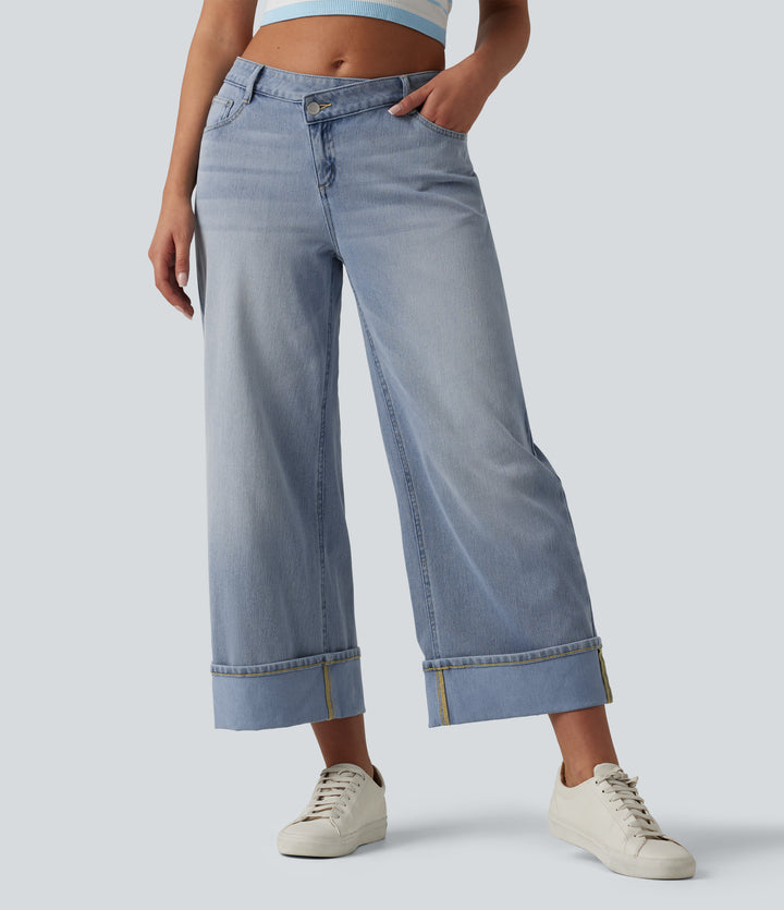 Asymmetric Mid Rise Rolled Hem Wide Leg Casual Jeans with Pockets — Baltic Sea Blue Denim — view 1