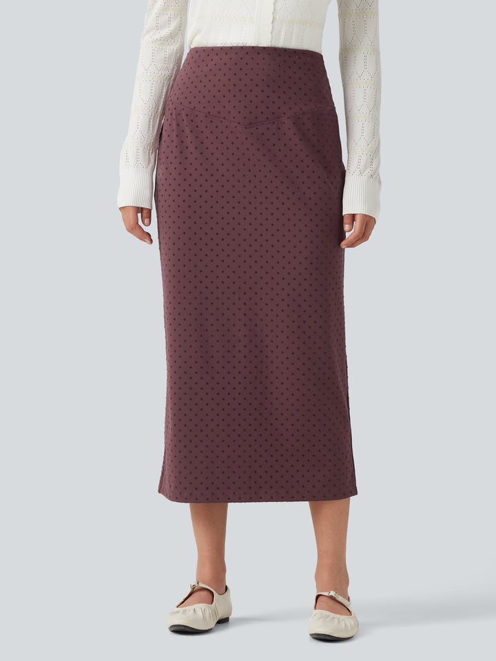 High Waisted Polka Dot Velvet Midi Casual Skirt — Syrah Red Dot — view 1