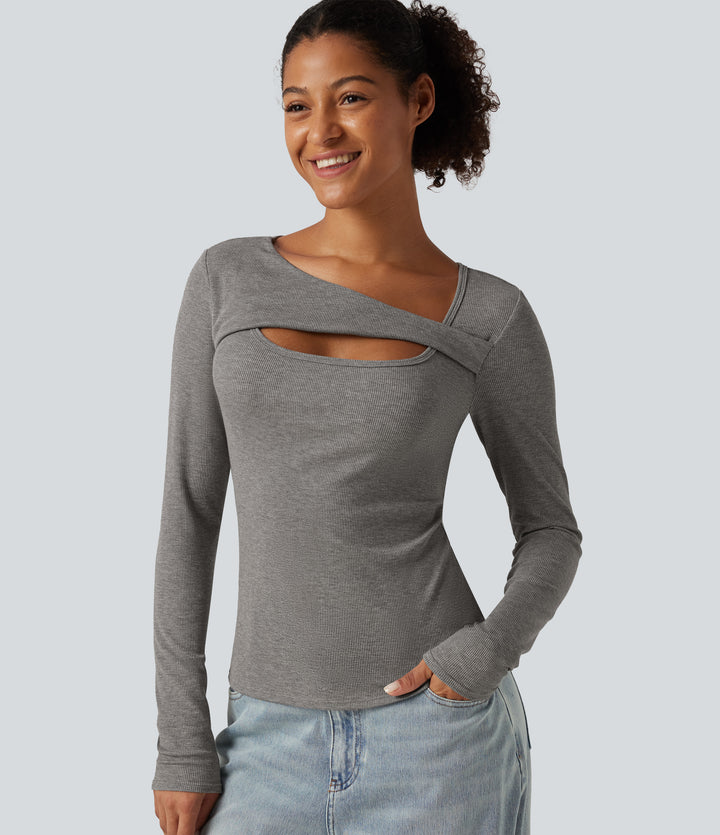 High Stretch Ribbed Knit Cut Out Long Sleeve Casual Top — Fog Gray — view 1