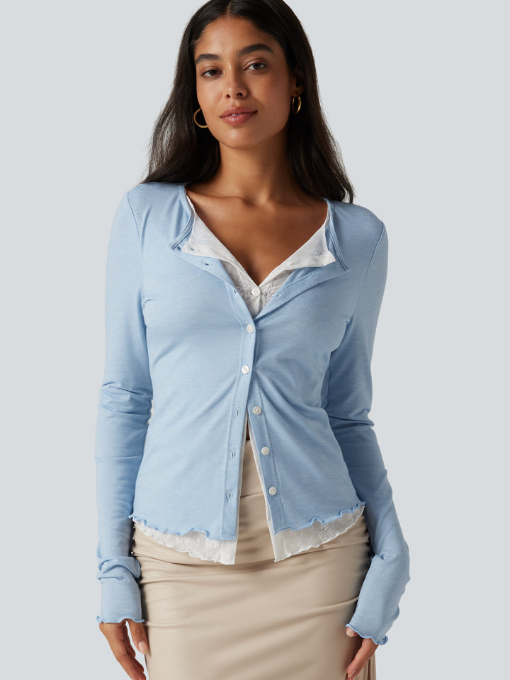 Round Neck Long Sleeve Contrast Lace Party Top — Cloudlight Blue — view 1