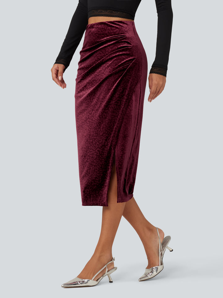 High Waisted Ruched Asymmetric Velvet Leopard Print Midi Party Skirt — Crimson Wild — view 1
