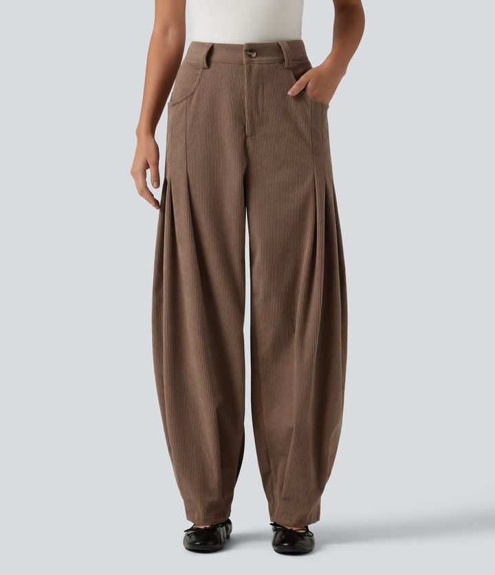 High Waisted Corduroy Casual Trousers with Pockets — Burnt Caramel — view 1
