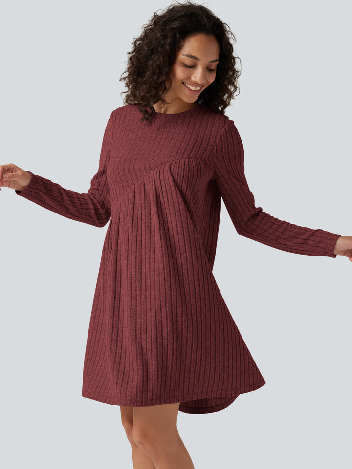 Ribbed Knit Round Neck Long Sleeve Asymmetric Mini Casual Dress — Pomegranate — view 1