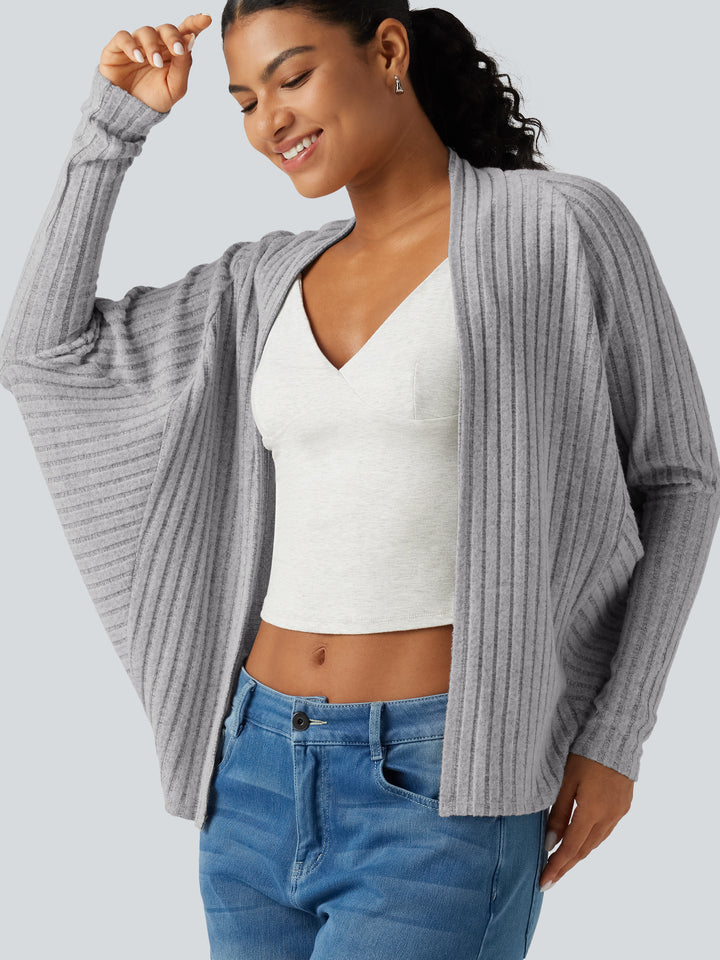 Ribbed Knit Open Front Batwing Long Sleeve Casual Cardigan — Frosted Slate — view 1