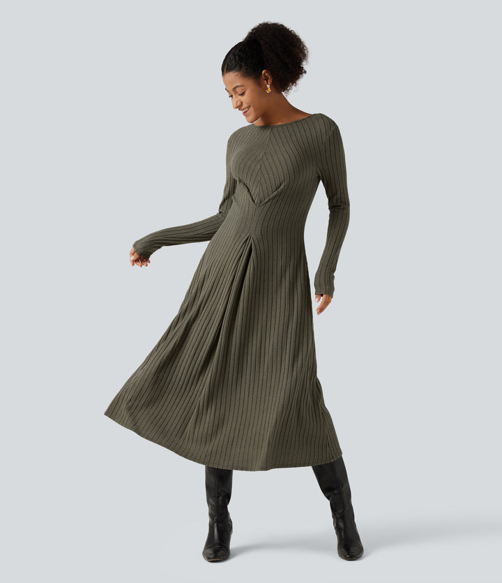Ribbed Knit Boat Neck Long Sleeve V Back A-line Midi Casual Dress — Moss Green Floral Velvet — view 1