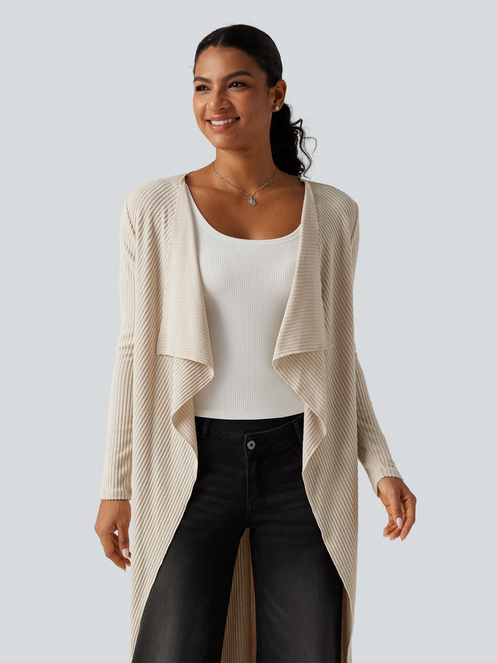 Ribbed Knit Open Front Long Sleeve Casual Longline Waterfall Cardigan with Pockets — Whipped Taupe — view 1