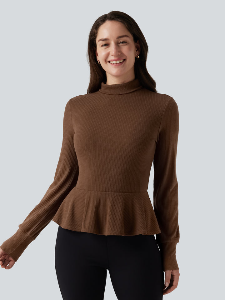 Ribbed Knit Mock Neck Long Sleeve Slim Ruffle Hem Casual Top — Redwood Bark — view 1
