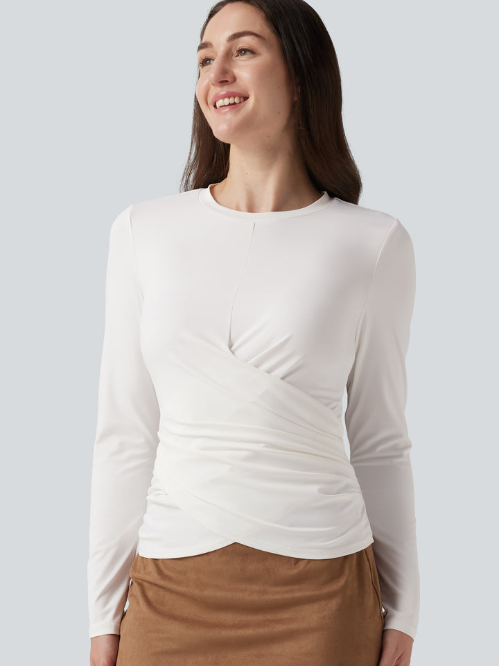Round Neck Long Sleeve Crossover Hem Casual Top — White — view 1