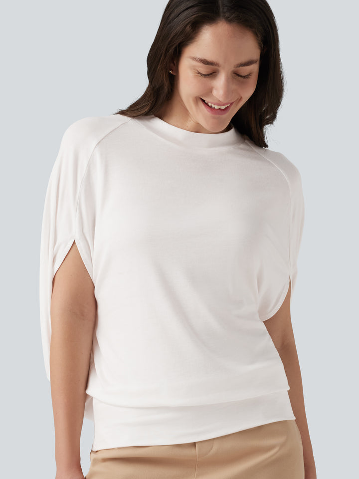 Ribbed Knit Mock Neck Batwing Sleeve Casual Top — Frost White — view 1