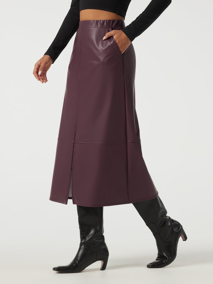 High Waisted Split Hem Fleece PU Work Pencil Midi Skirt with Pockets — Windsor Wine — view 1