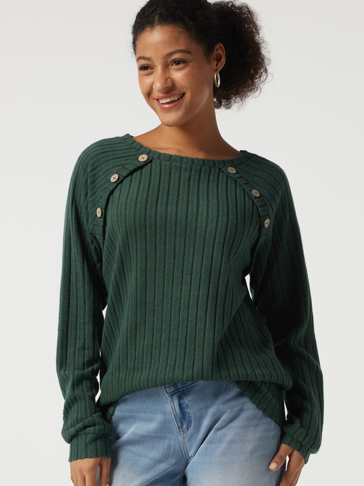 Ribbed Knit Round Neck Long Sleeve Casual Top — Mottled Greenlake — view 1