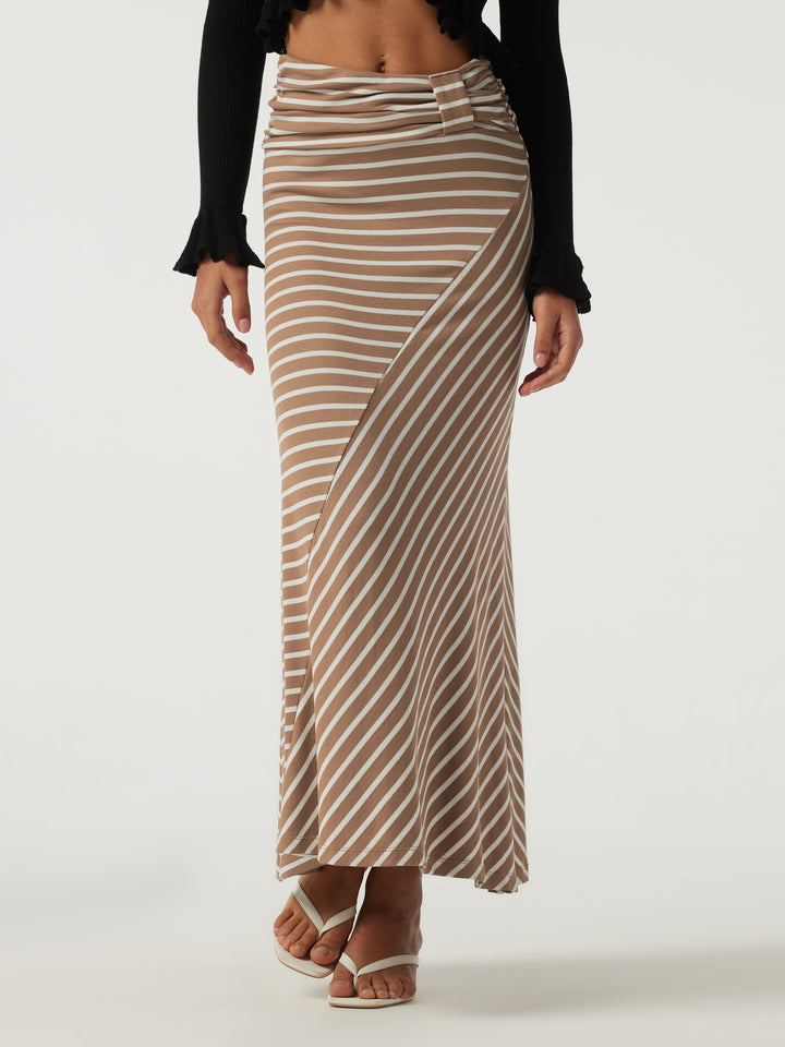 Ribbed Knit Mid Rise Asymmetric Ruched Stripe Maxi Casual Mermaid Skirt — Birch Stripe — view 1