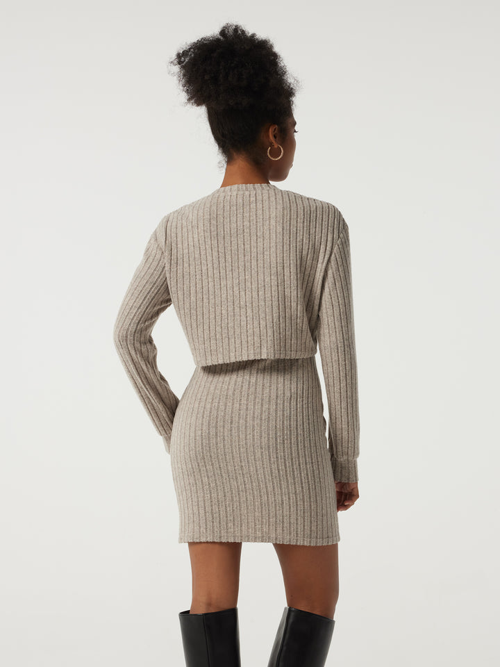 Ribbed Knit Round Neck Long Sleeve 2-Piece Bodycon Mini Casual Dress — Ridge Sand Khaki — view 2