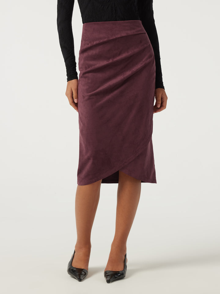 High Waisted Ruched Crossover Hem Bodycon Midi Suede Casual Skirt — Chocolate Truffle — view 1