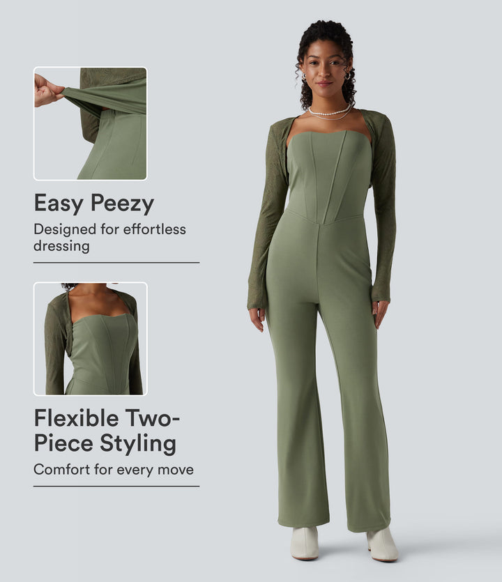 2-Piece Tube Corset Jumpsuit with Long Sleeve Lace Shrug-Edition — Oil Green — view 1