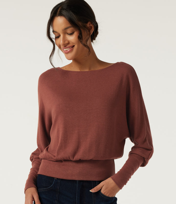 Boat Neck Batwing Long Sleeve Keyhole Back Casual Top — Currant — view 1
