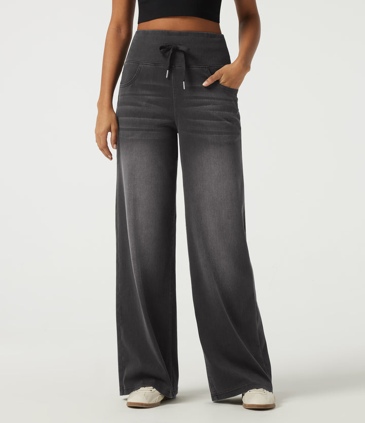 Denim High Waisted Tummy Control Drawstring Wide Leg Patterned Casual Jeans with Pockets — Poppy Seed Denim — view 1