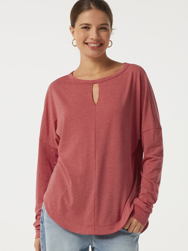 Round Neck Long Sleeve Cut Out Curved Hem Casual Top — Poinsettia Floral Yarn — view 1