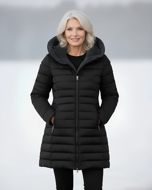 Quilted Hooded Longline Puffer Coat with Fleece-Lined Hood
