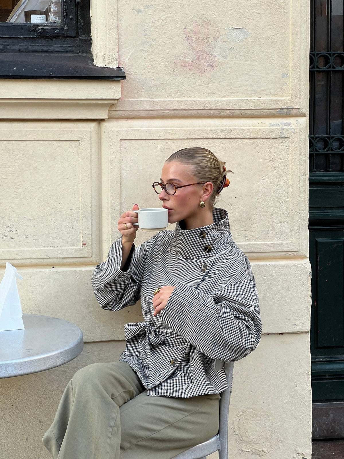 Checked Funnel Neck Belted Jacket