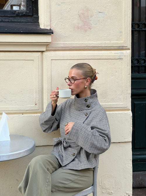Checked Funnel Neck Belted Jacket
