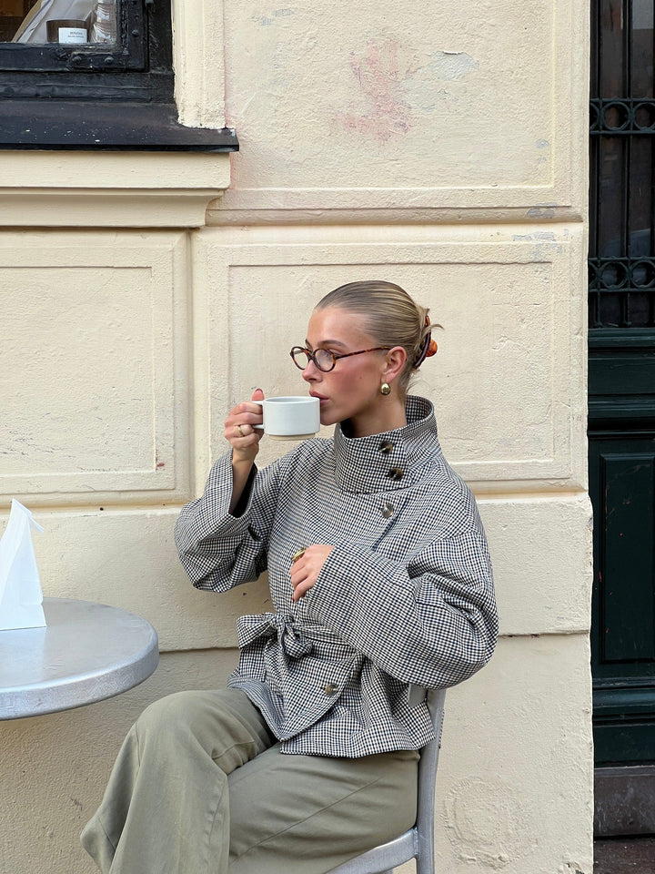 Checked Funnel Neck Belted Jacket
