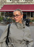 Checked Funnel Neck Belted Jacket