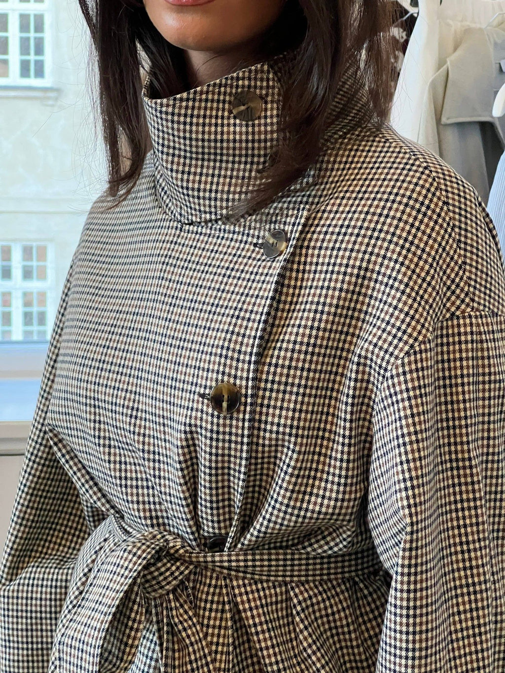 Checked Funnel Neck Belted Jacket