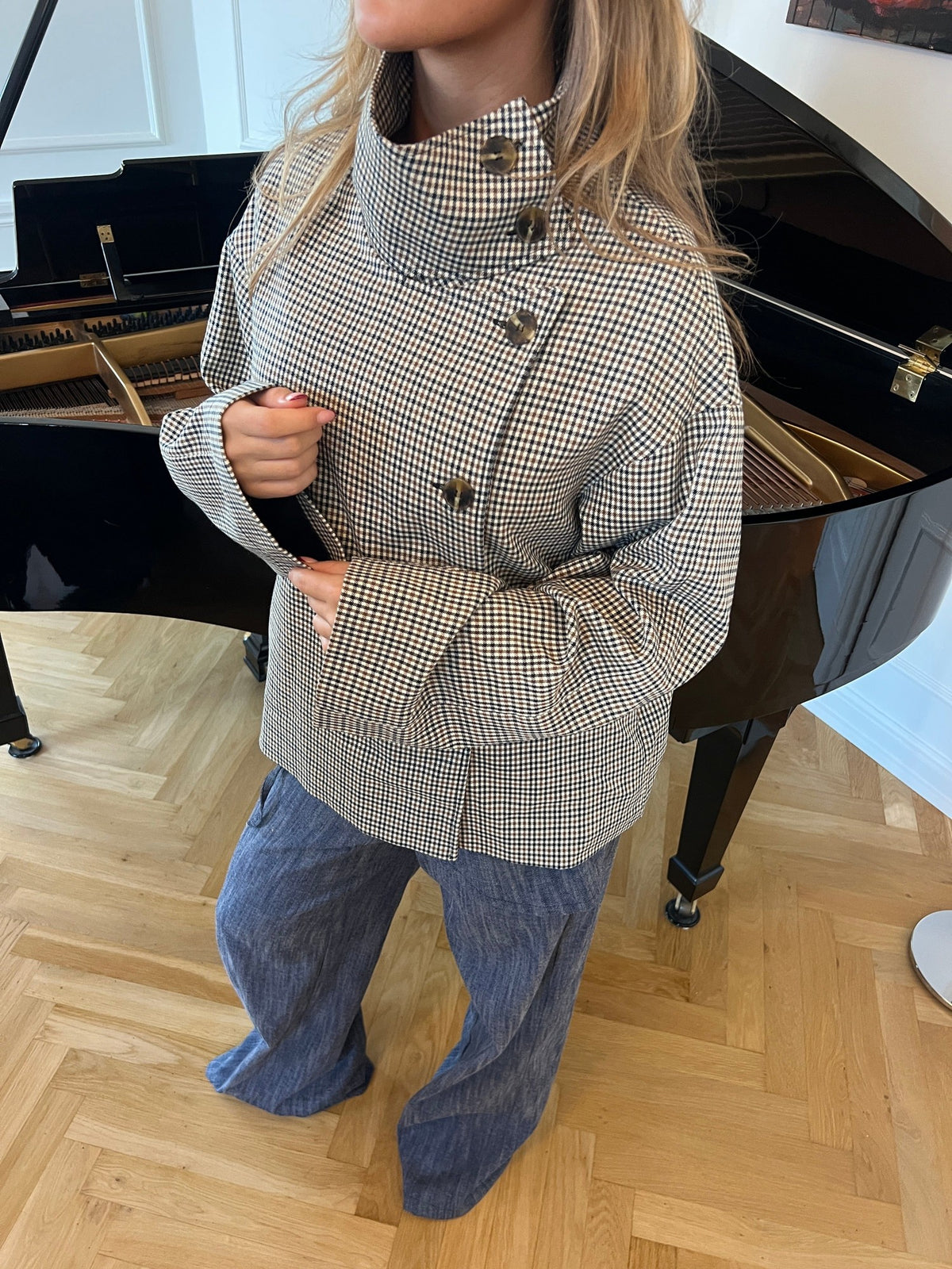 Checked Funnel Neck Belted Jacket